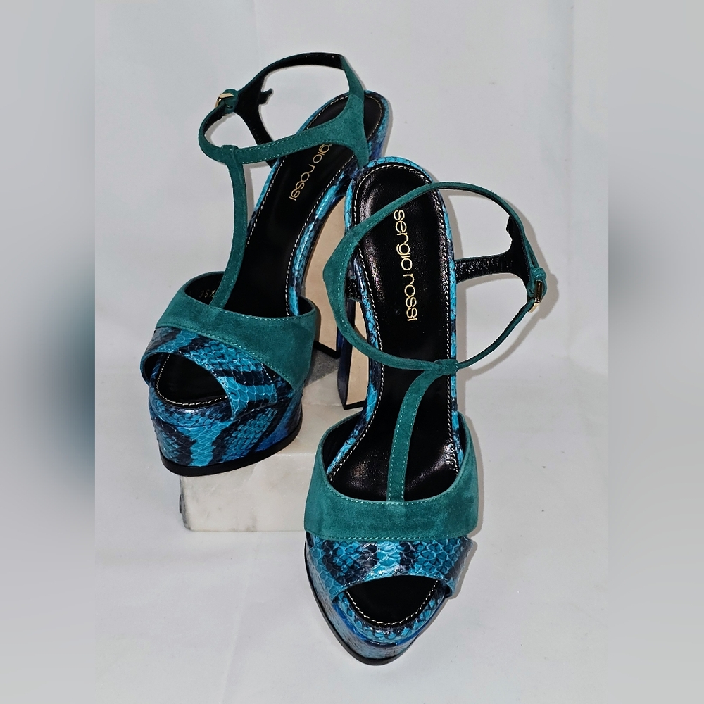 Sergio Rossi Elaphe Blue/Green Suede and Python Leather Platform Size US 5.5 - Picture 4 of 16